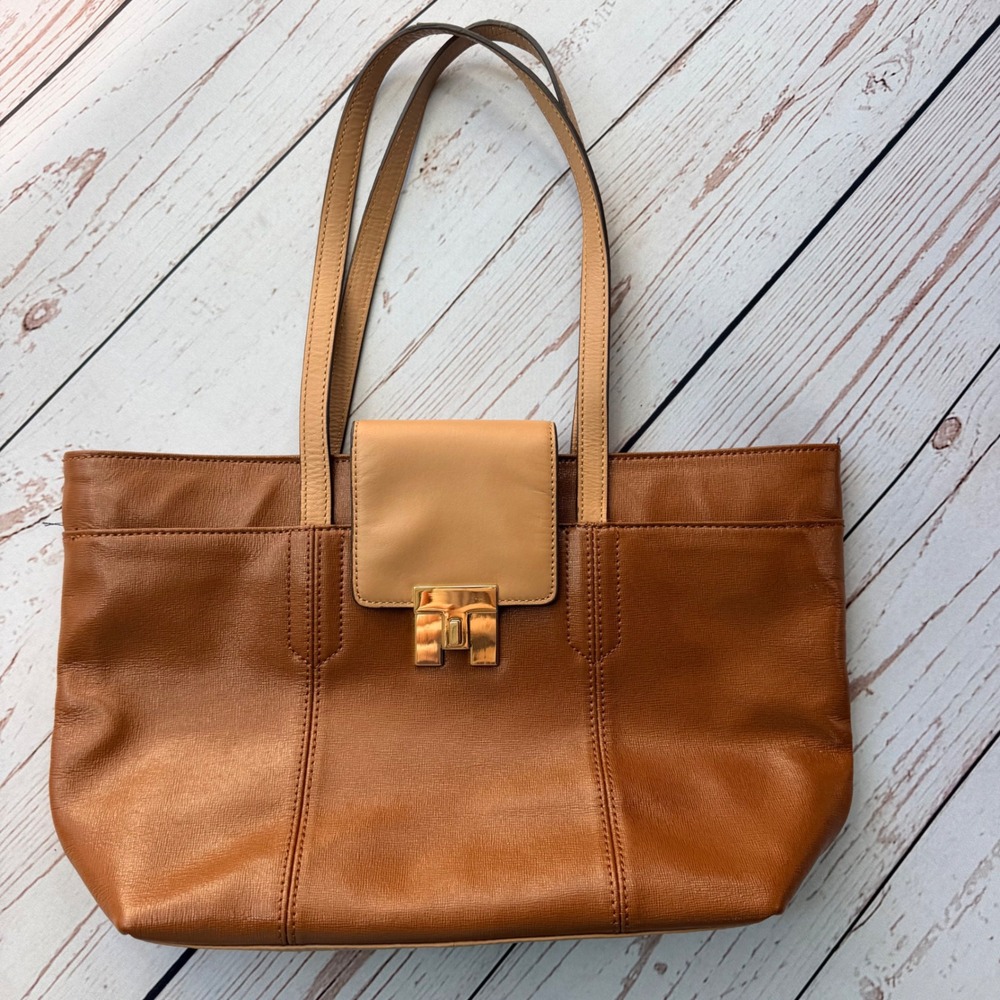 Tommy Hilfiger Brown Leather Tote Bag Tan Trim Gold Turn Lock Clasp RN77806